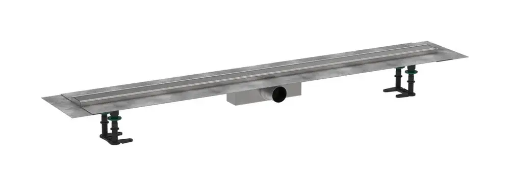 Duschrinne aus Edelstahl mit schmalem Design. Die Rinne ist für die Standardinstallation konzipiert und besitzt eine Abflussöffnung. Hersteller ist Hansgrohe.